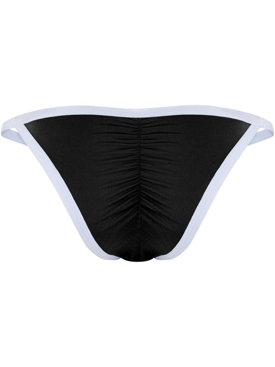 Rear view of Clever Moda black briefs with white trim and vertical center shirring.