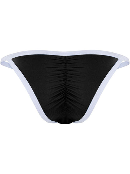 Rear view of Clever Moda black briefs with white trim and vertical center shirring.