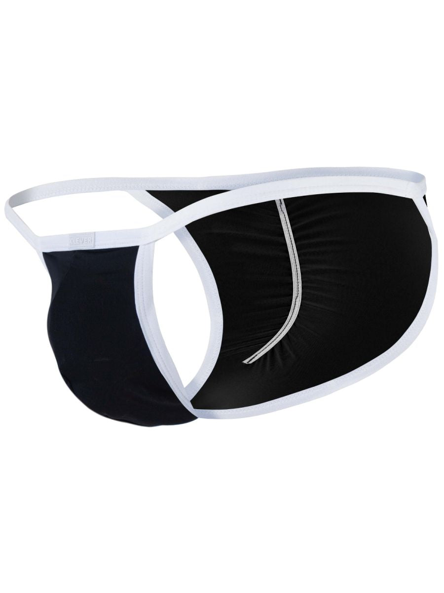 Black brief-style underwear with white trim and cutout sides shown on a white background.