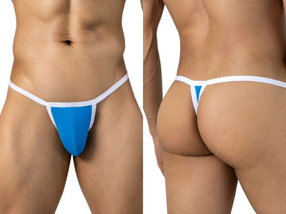 Front and back views of a man wearing a turquoise minimalist thong with white trim.