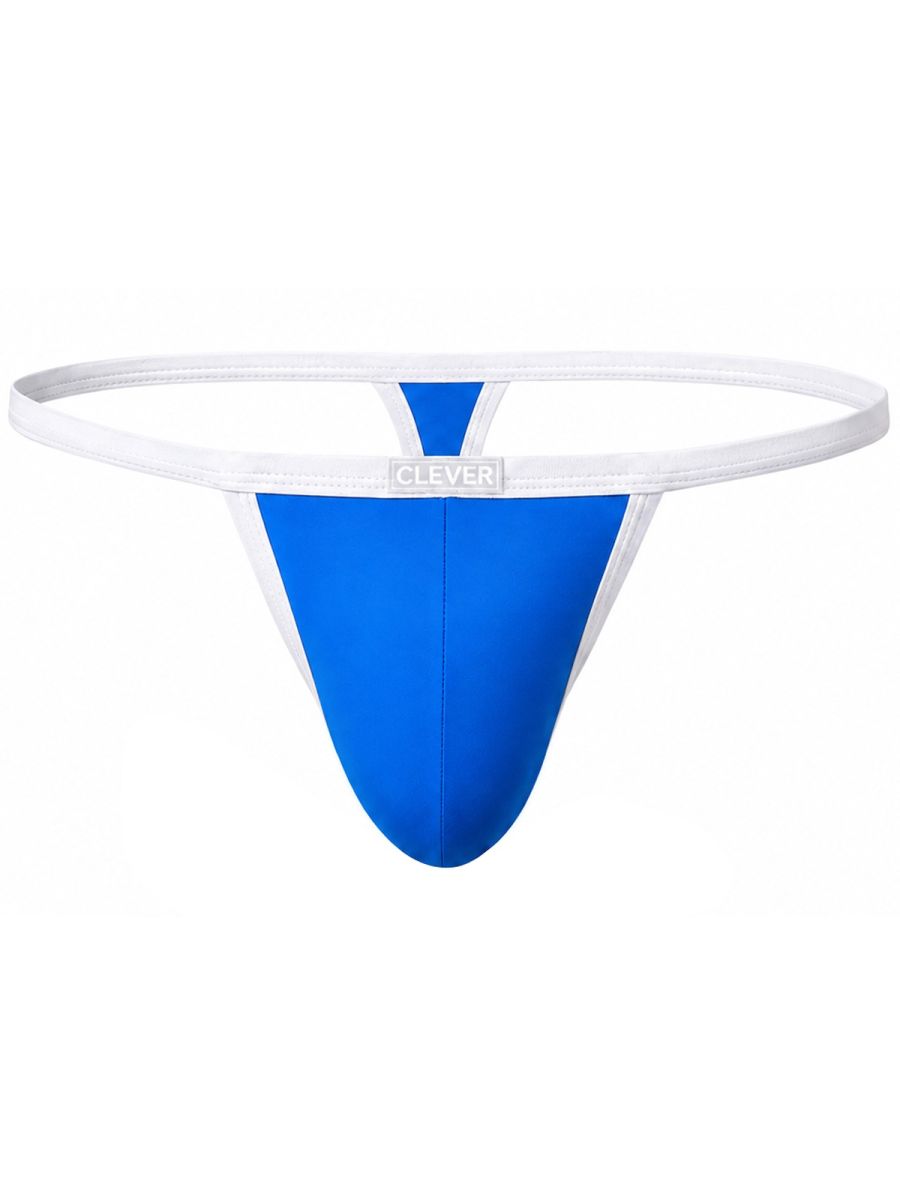 Turquoise men's thong underwear with white trim and a branded waistband tag.