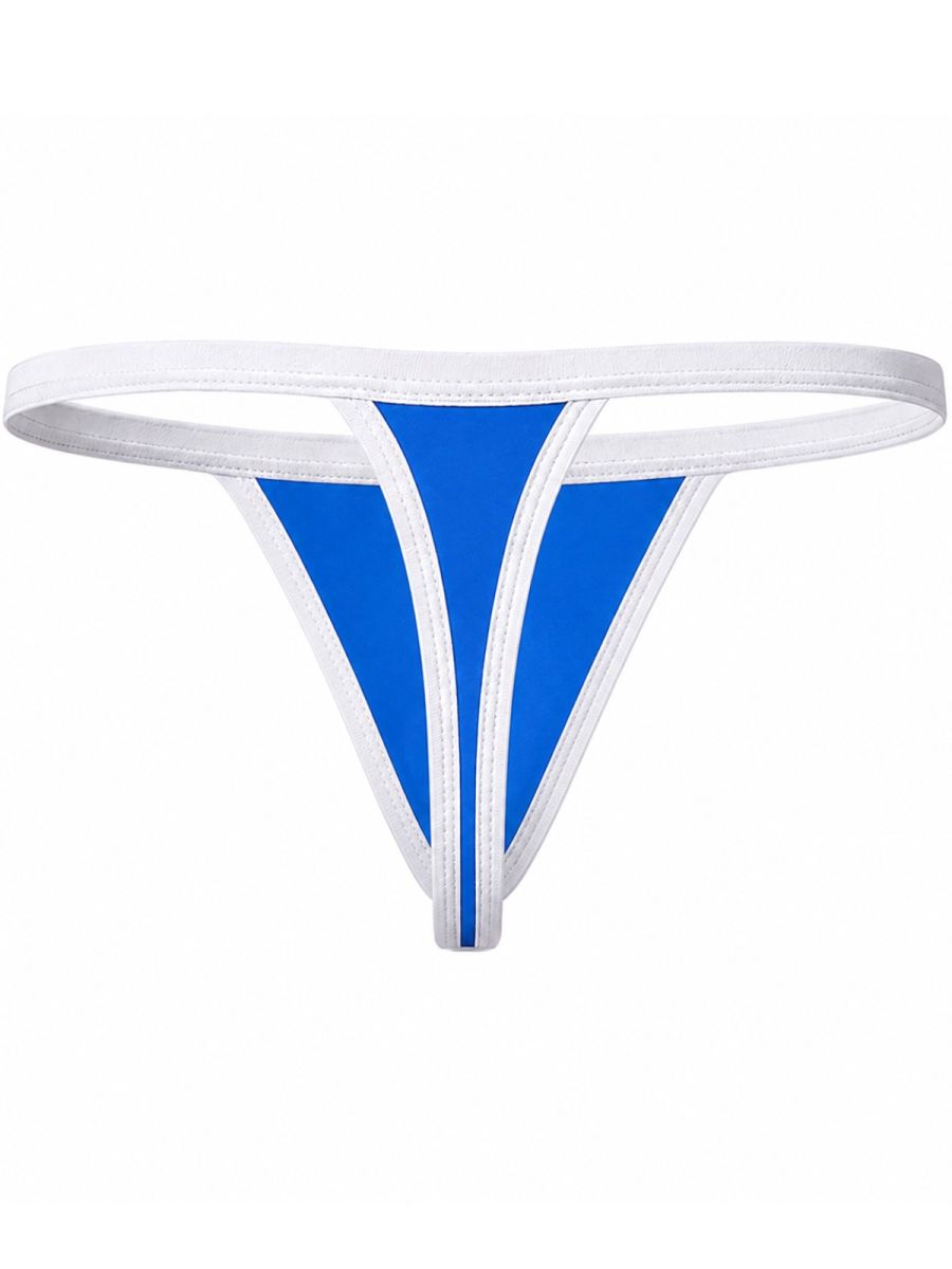 Clever Moda 26160 turquoise thong with white trim and a minimalist cutout pouch.