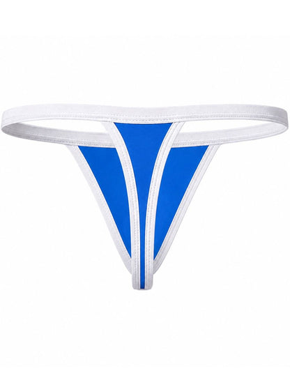 Clever Moda 26160 turquoise thong with white trim and a minimalist cutout pouch.
