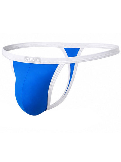 Turquoise men's thong underwear with white trim and waistband featuring a small brand label.