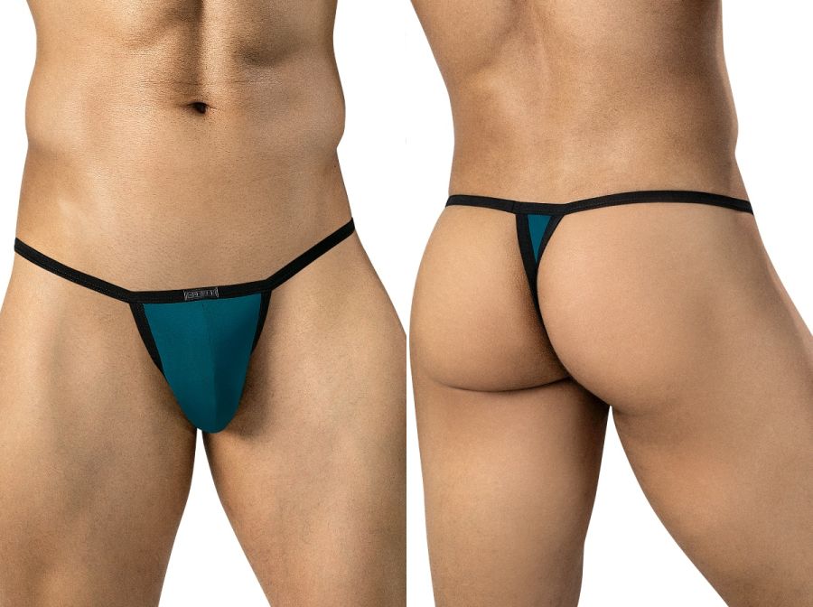 Front and rear views of a man wearing petrol blue sleek thongs with thin black trim.