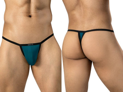 Front and rear views of a man wearing petrol blue sleek thongs with thin black trim.