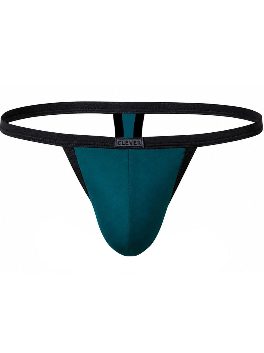 Clever Moda petrol blue sleek thong with black waistband and trim, featuring a central branded tag.