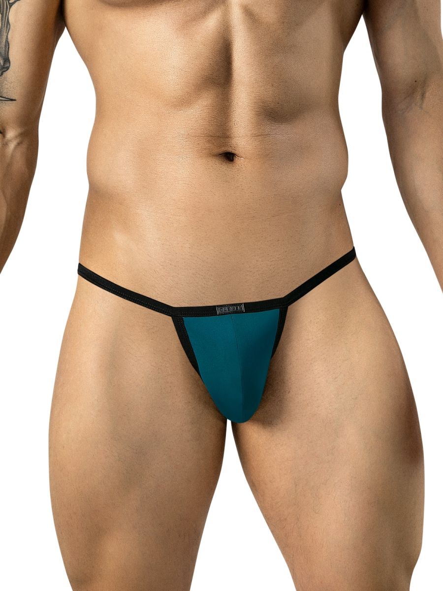 A man wearing petrol blue sleek thongs with contrasting black trim and thin waistband.