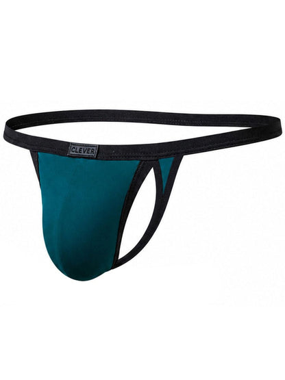 Clever Moda men's petrol blue thong with black trim and a branded waistband tag.