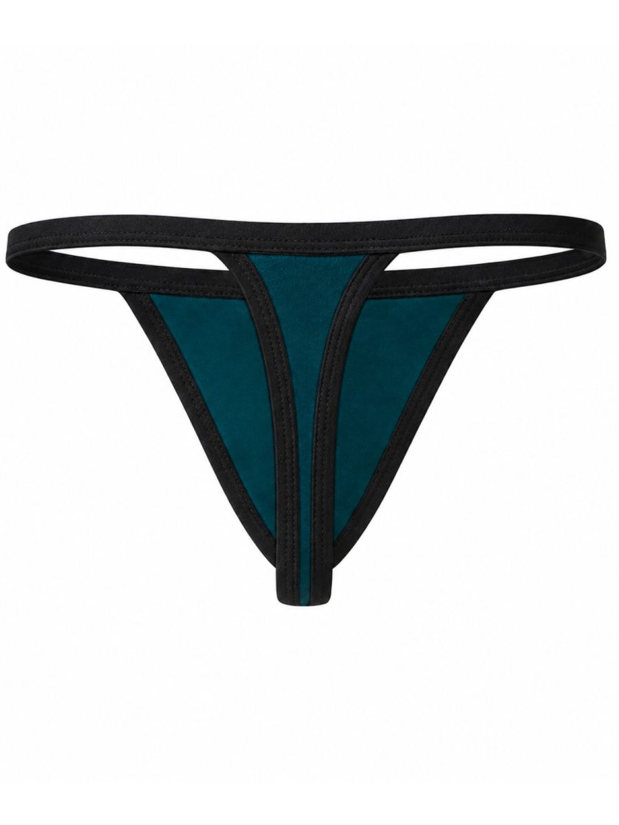 Clever Moda petrol blue sleek thong underwear featuring contrasting black trim and a minimalist split front.