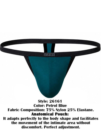 Petrol blue sleek thong with black waistband and trim, featuring a branded patch on the front.