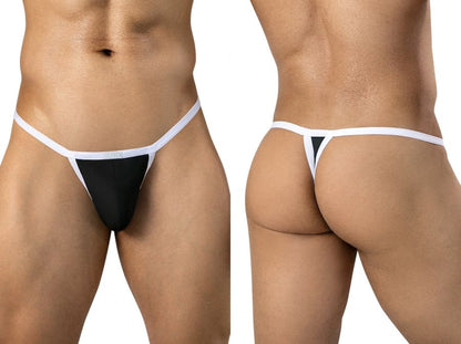 Front and rear views of a man wearing black thong underwear with thin white trim.
