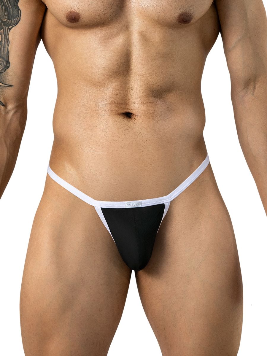 A muscular man wearing a black thong with white trim and waistband on a white background.