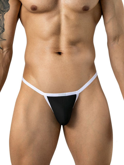 A muscular man wearing a black thong with white trim and waistband on a white background.