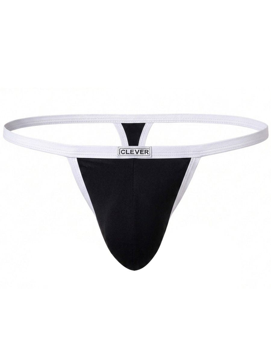 Black men's thong with white trim and a branded waistband centered on the front.