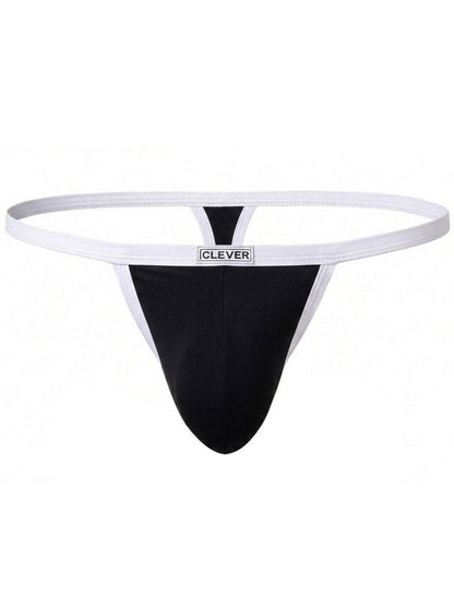 Black men's thong with white trim and a branded waistband centered on the front.