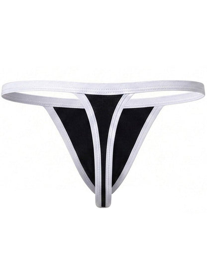 Black thong with white trim and waistband, featuring a distinct Y-shaped front strap design.