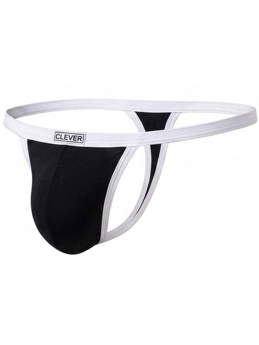 Clever Moda men's black thong featuring a white elastic waistband, contrast trim, and a branded front patch.
