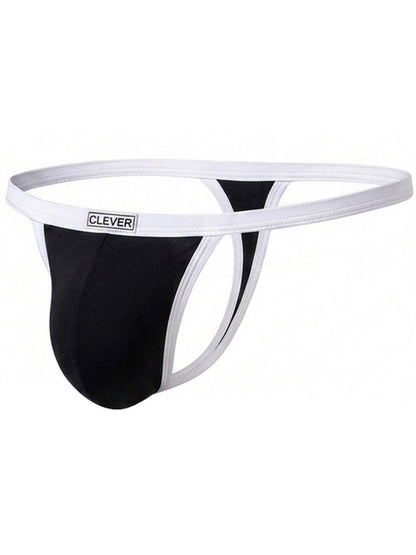 Clever Moda men's black thong featuring a white elastic waistband, contrast trim, and a branded front patch.