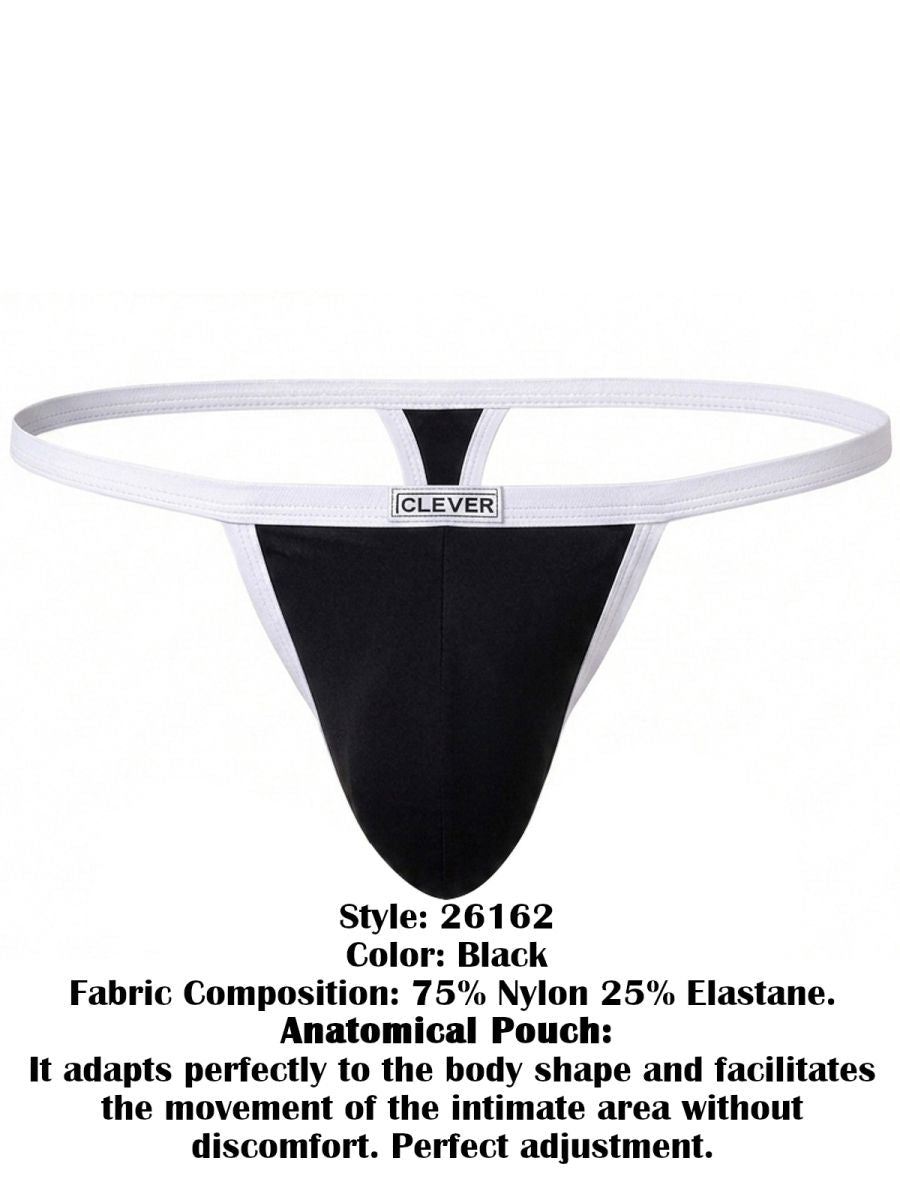 Clever black thong with a contoured pouch, white trim, and a branded waistband.