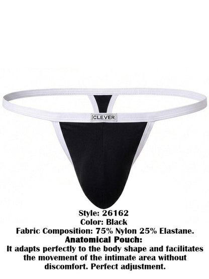Clever black thong with a contoured pouch, white trim, and a branded waistband.