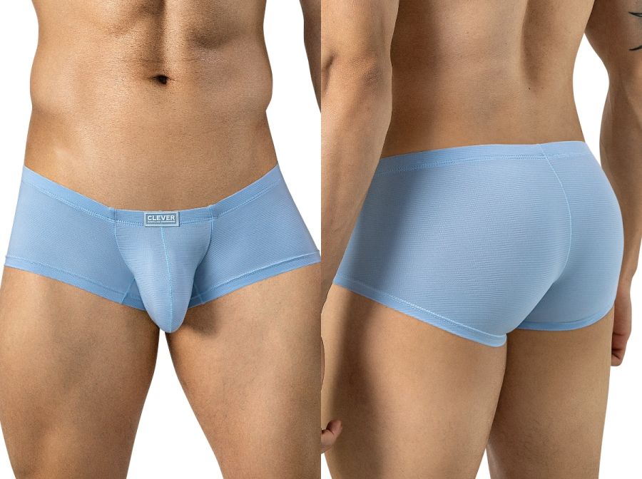Front and back views of a model wearing light blue ribbed trunks with a small logo tag.