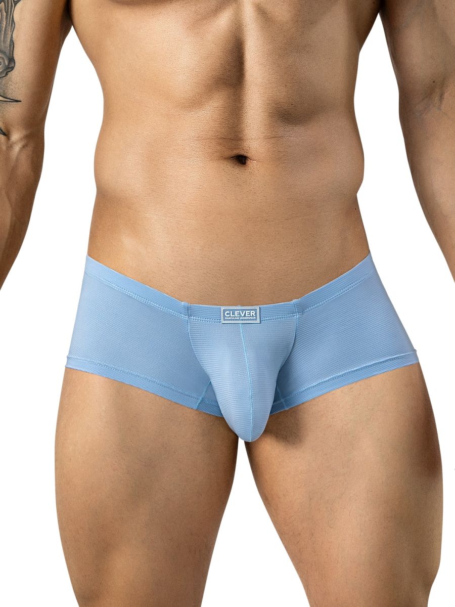Light blue ribbed trunks on a male model, featuring a small branded logo patch on the waistband.