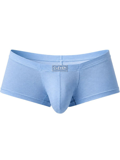 Light blue textured trunks with a centered brand logo patch on the waistband.