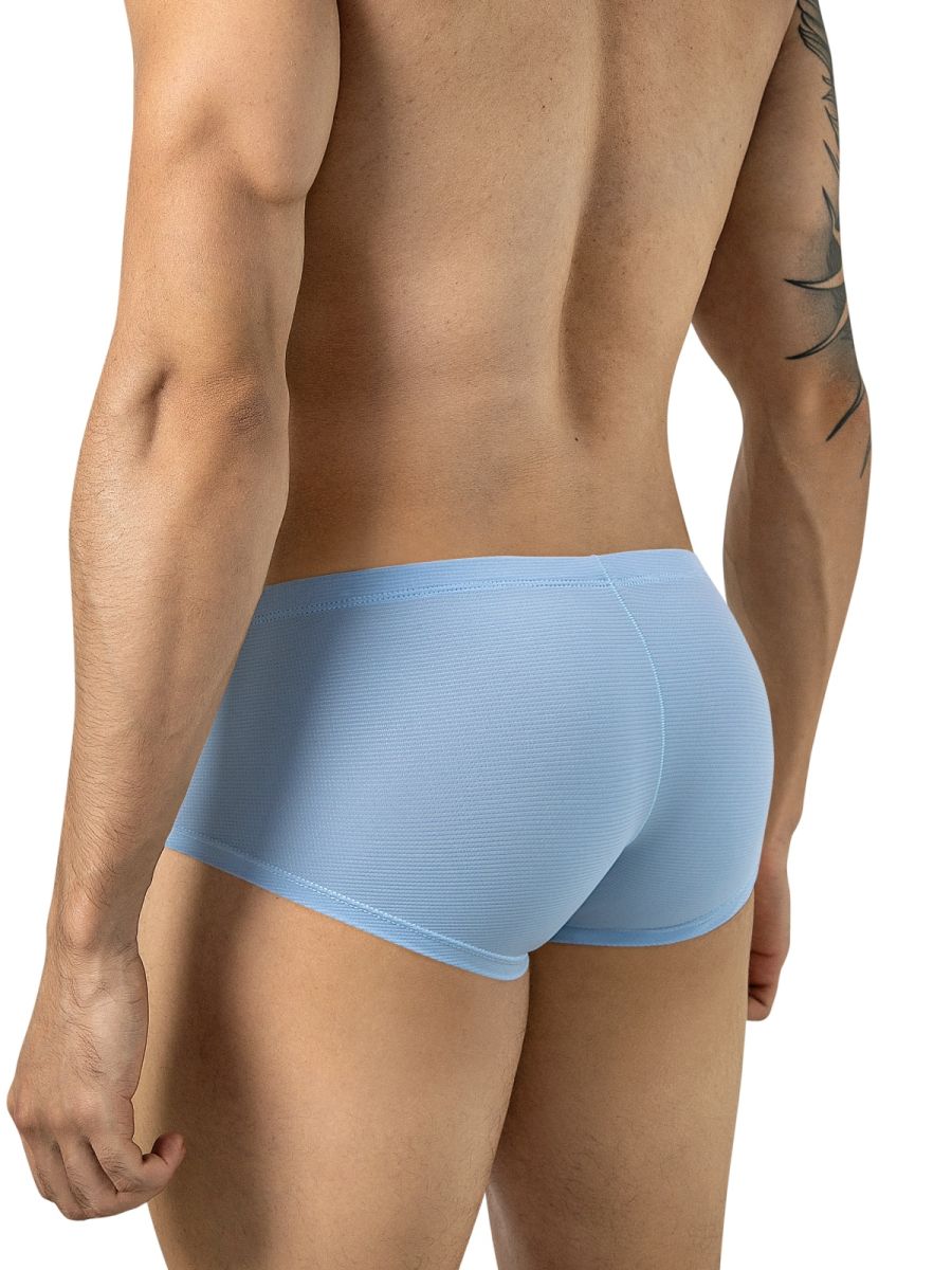 Rear view of a man wearing light blue textured trunks with a subtle horizontal pattern.