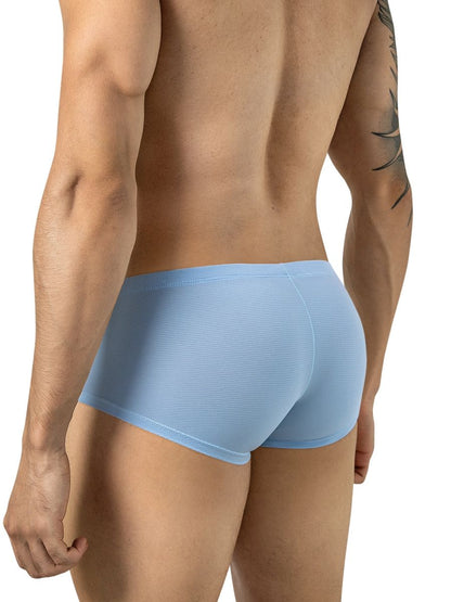 Rear view of a man wearing light blue textured trunks with a subtle horizontal pattern.