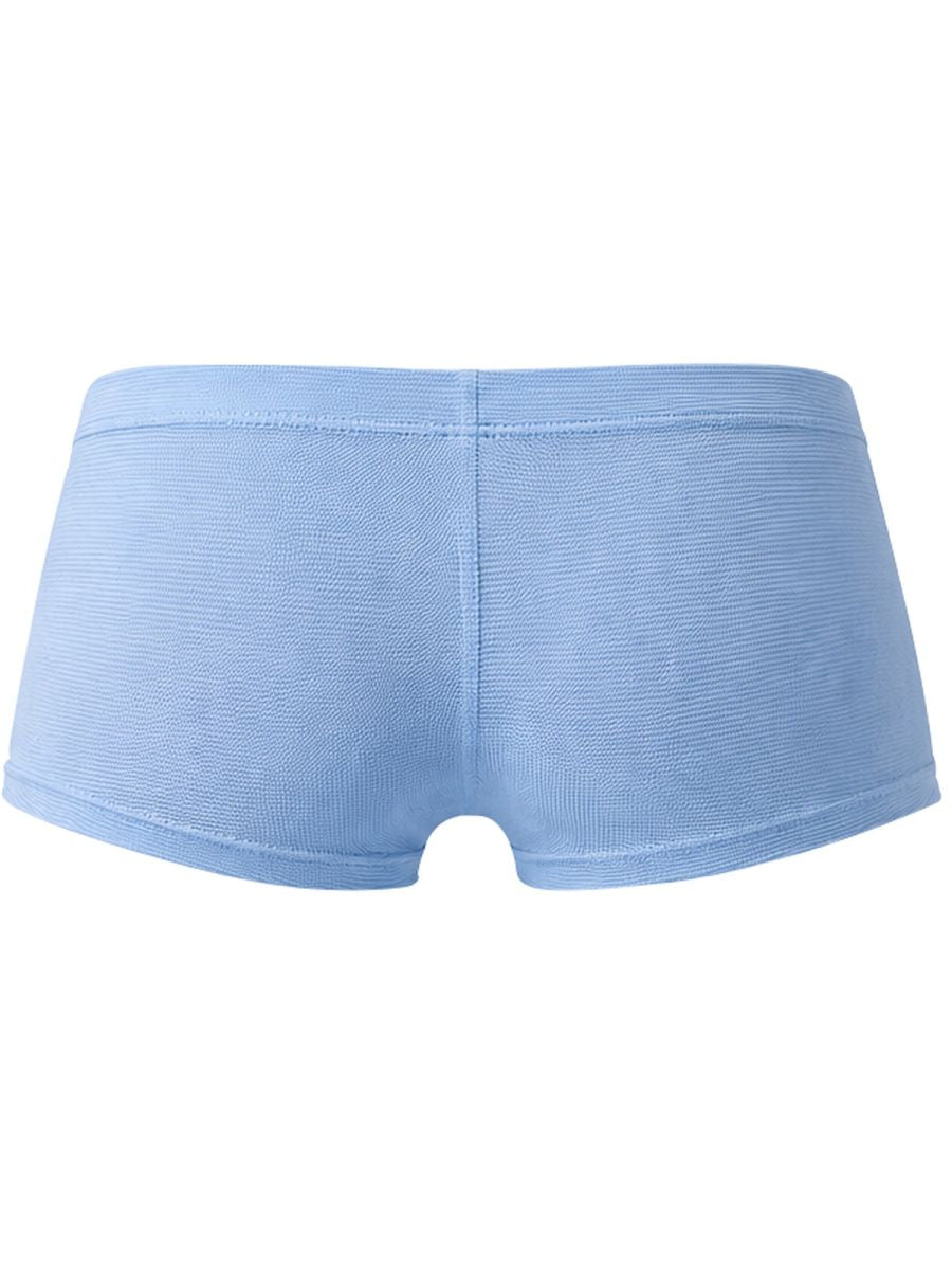 Rear view of light blue men's trunks in a textured ribbed fabric.