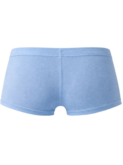 Rear view of light blue men's trunks in a textured ribbed fabric.