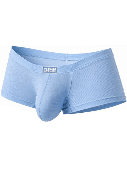 Clever light blue ribbed trunks feature a contoured front pouch and a centered brand logo tag.