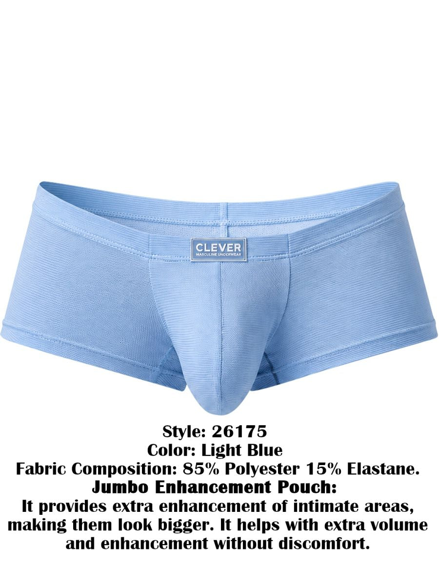 Light blue men's trunks with a contoured pouch and a small brand label on the front waistband.