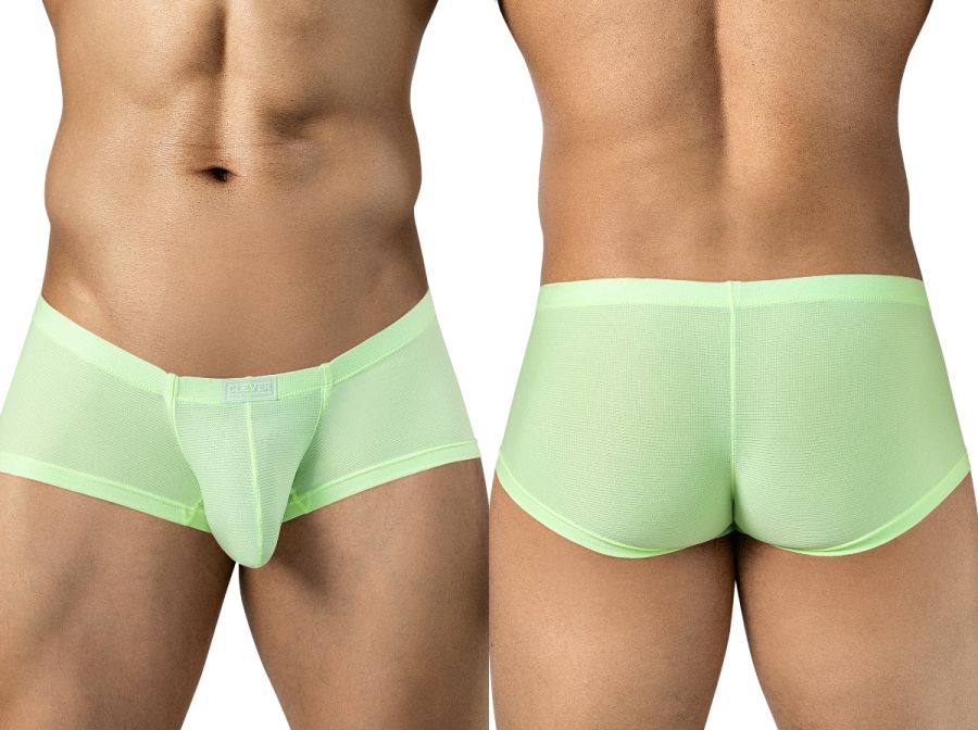 Front and back views of a model wearing neon green mesh trunks with a branded waistband label.