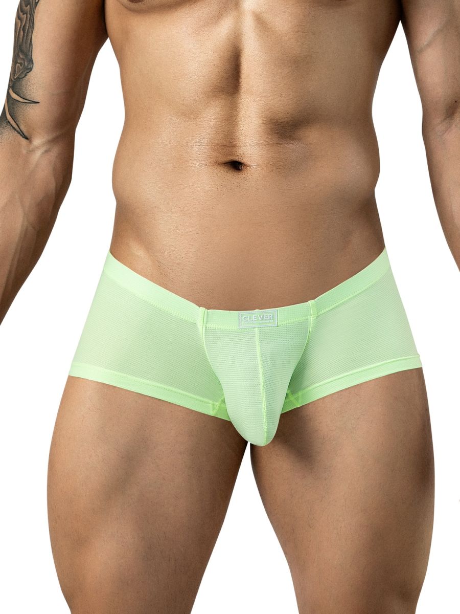 Clever Moda neon green mesh trunks with a supportive contour pouch and centered logo label, worn by a man.