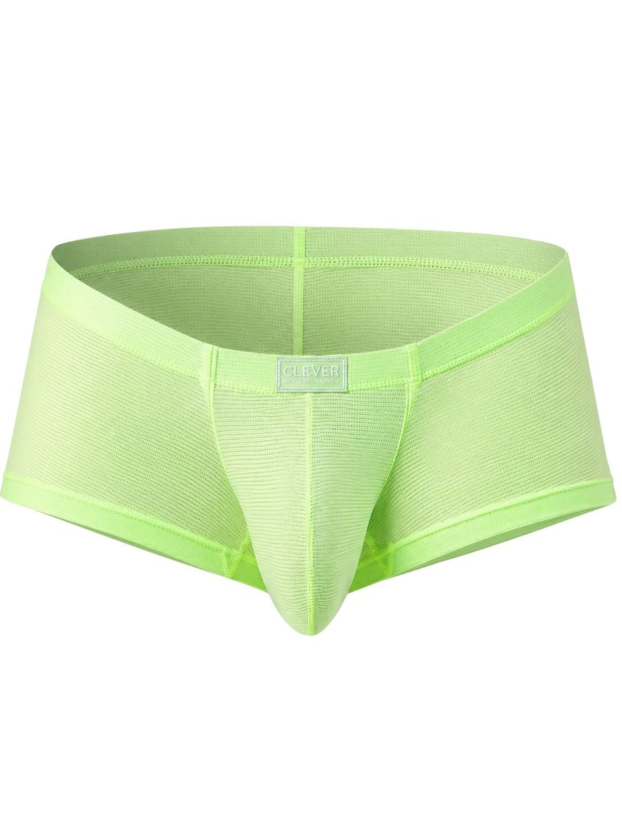 Neon green Clever Moda mesh trunks with a contoured pouch and center waistband logo label.