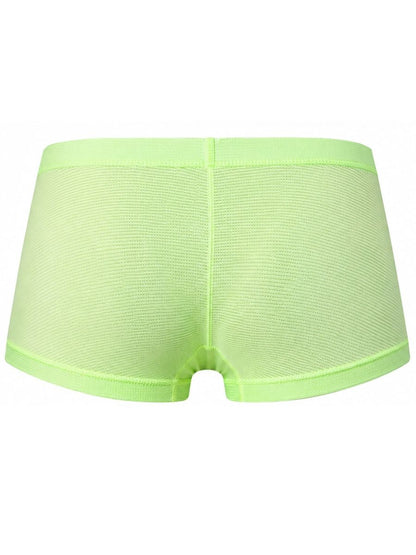 Neon green men's trunks viewed from the back, featuring a textured mesh material and a wide elastic waistband.