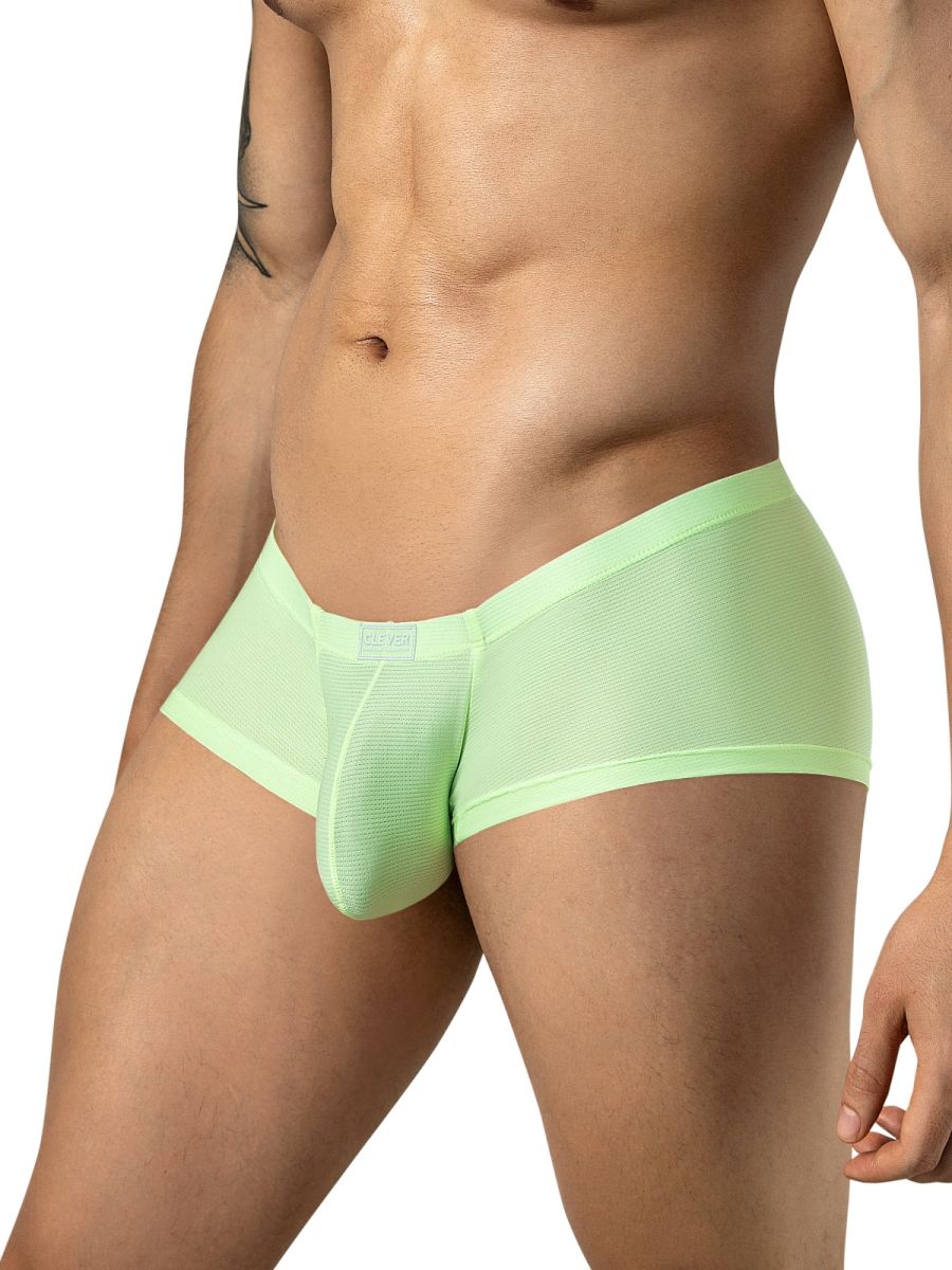 Clever Moda neon green mesh trunks on a standing male model from a front three-quarter view.