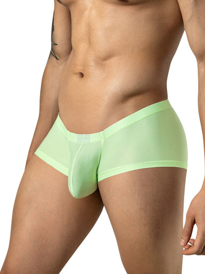 Clever Moda neon green mesh trunks on a standing male model from a front three-quarter view.
