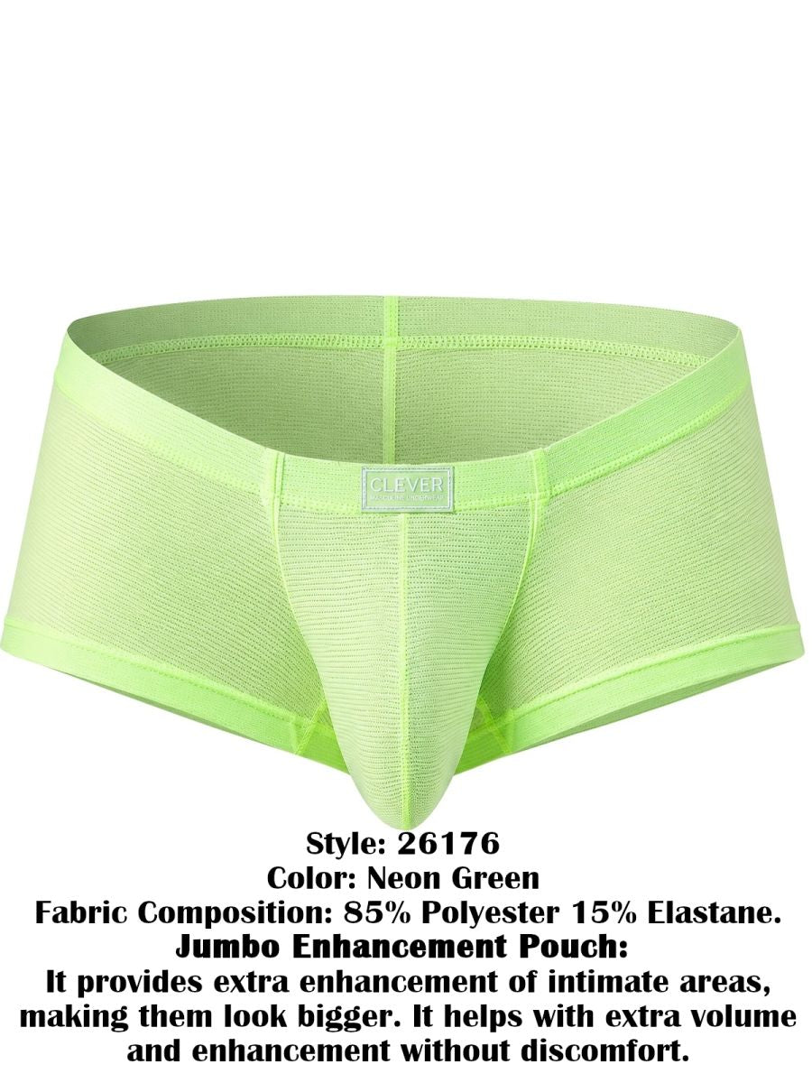 Clever neon green mesh trunks with a contoured enhancement pouch and branded waistband.