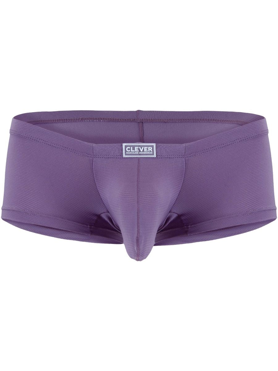 Lilac Clever Moda Cronos trunks feature a textured fabric and a contoured pouch with a front label.