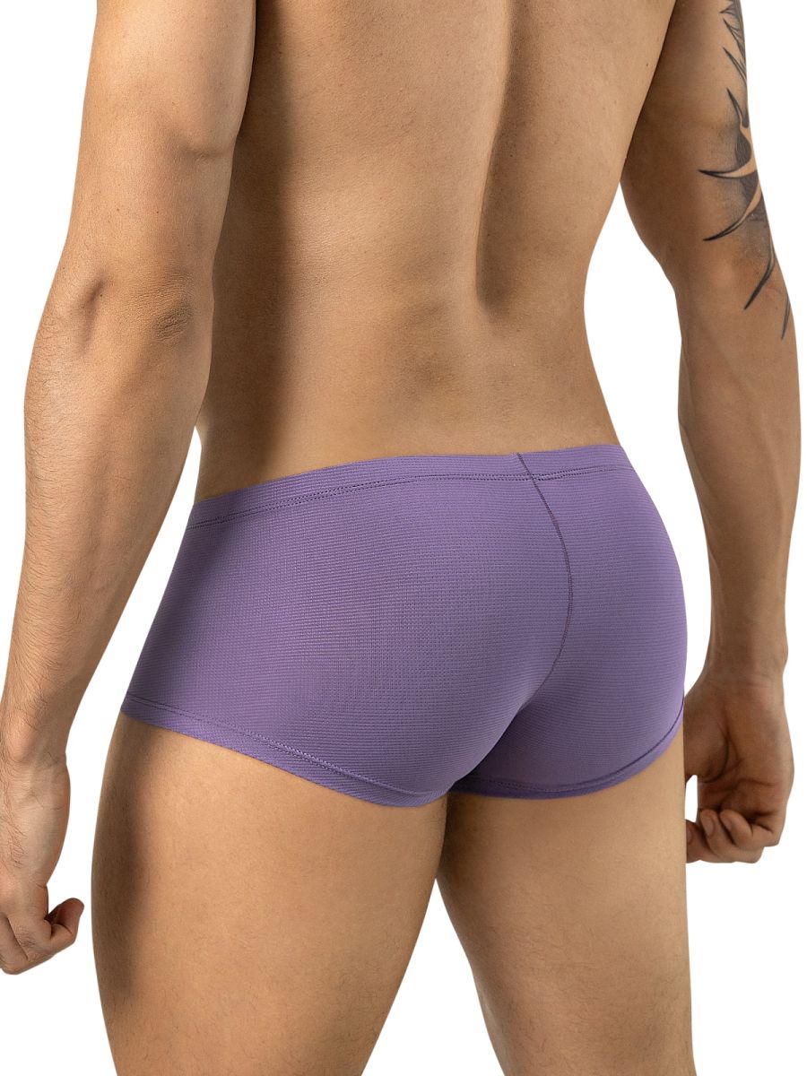 Rear view of a man wearing lilac trunks with a textured mesh fabric.