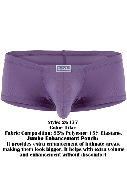 Lilac trunks featuring a textured fabric, a centered logo tag on the waistband, and an elongated contour pouch.