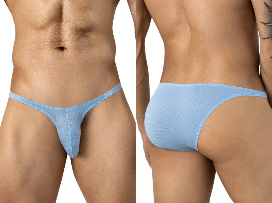 Front and back views of light blue ribbed mesh men's briefs with ultra-thin sides.