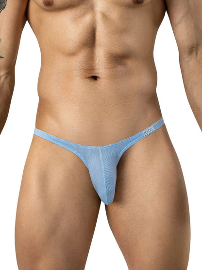 Light blue ribbed mesh low-rise briefs worn on a male torso.