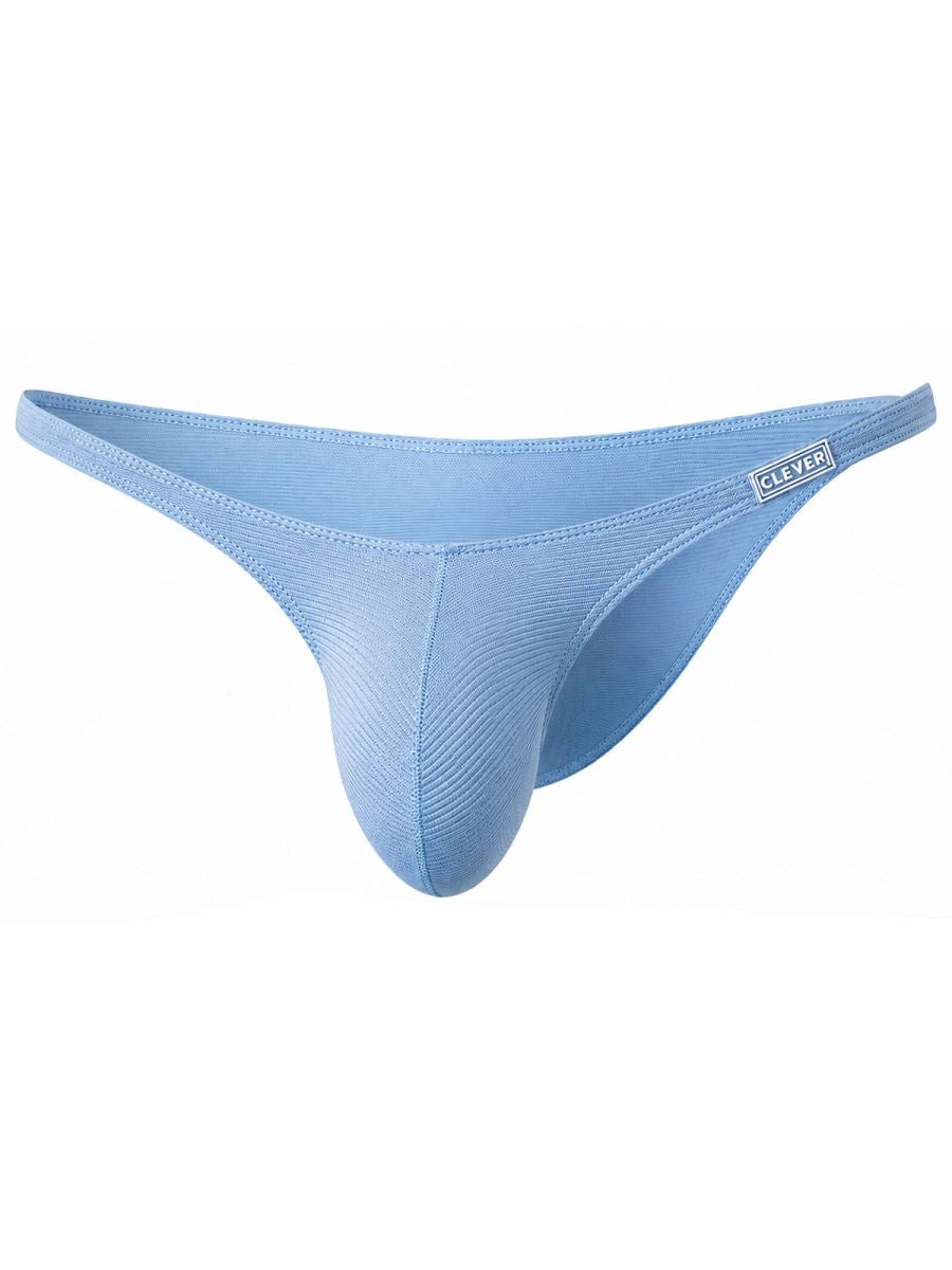Light blue ribbed briefs with a low-rise waistband and a branded patch on the right hip.