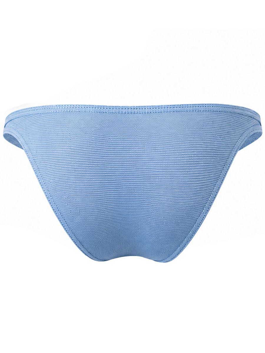 Rear view of light blue men's briefs with a textured, ribbed knit fabric and solid waistband.