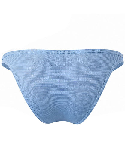 Rear view of light blue men's briefs with a textured, ribbed knit fabric and solid waistband.