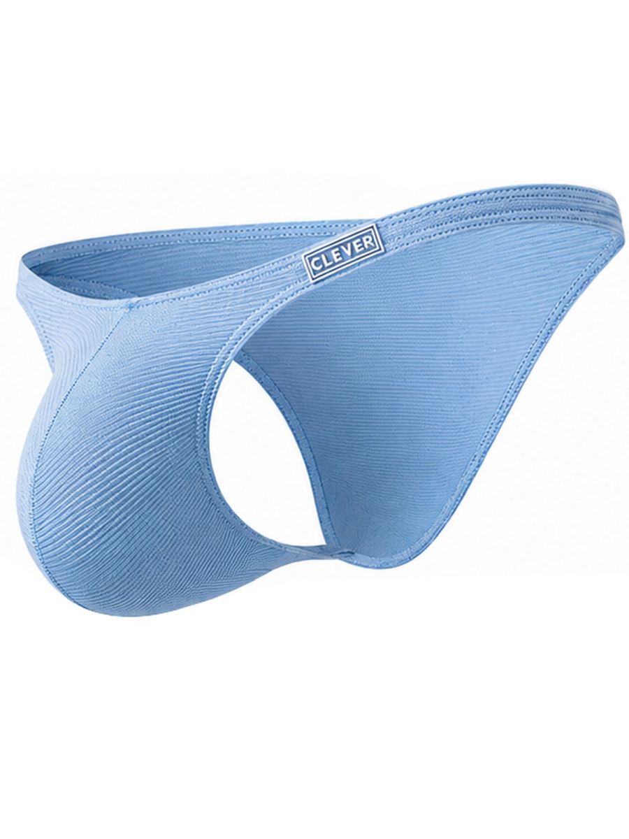 Light blue ribbed men's briefs with a branded waistband, shown angled on a white background.